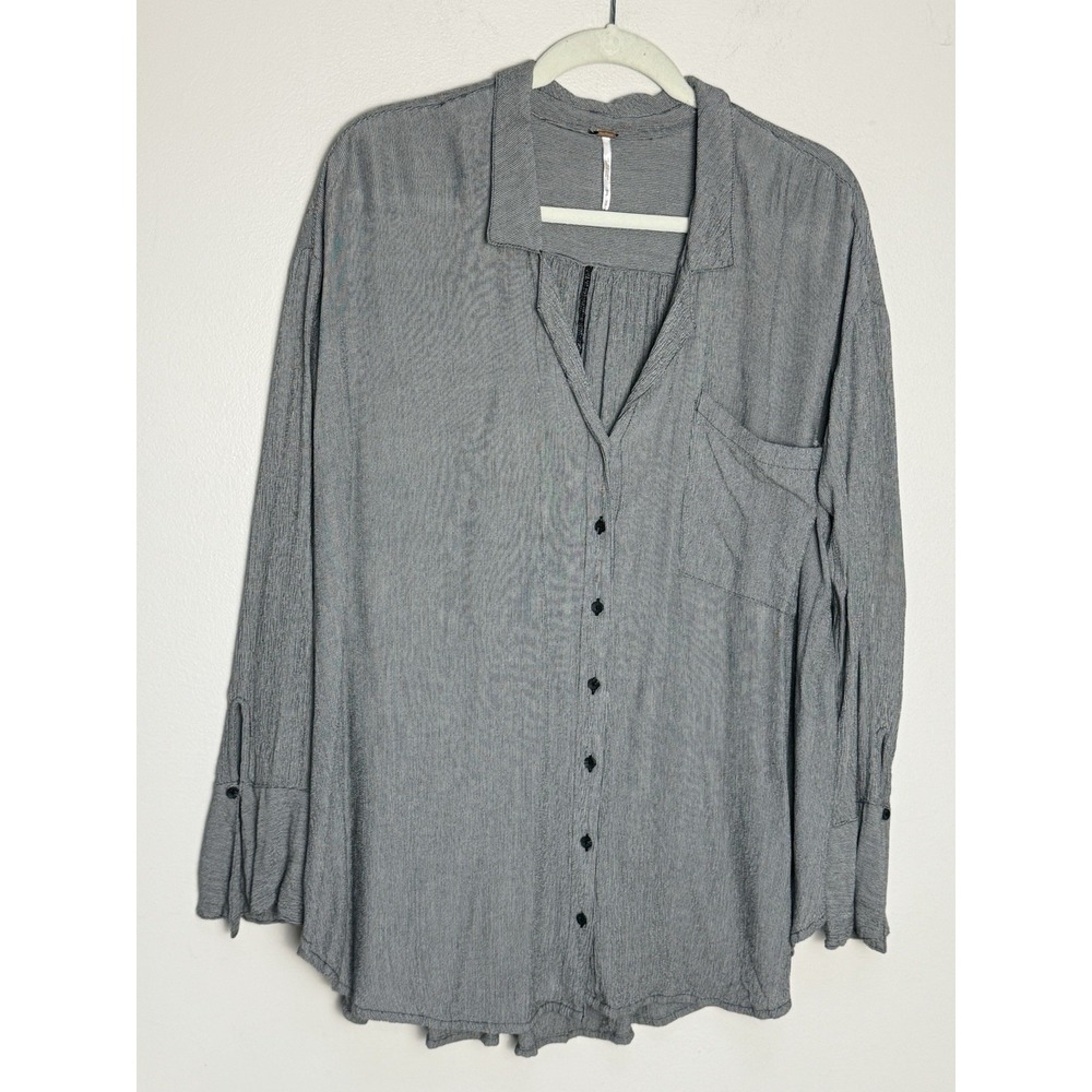 Free People Womens Micro Stripe Button Shirt Medium Boho Flare Lagenlook